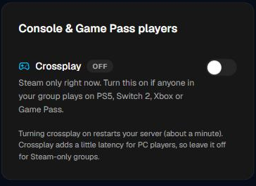HostSimple dashboard: the Console & Game Pass players card with the Crossplay switch off