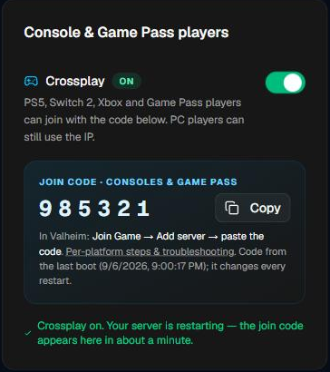 HostSimple dashboard: crossplay switched on, showing the 6-digit join code with a Copy button